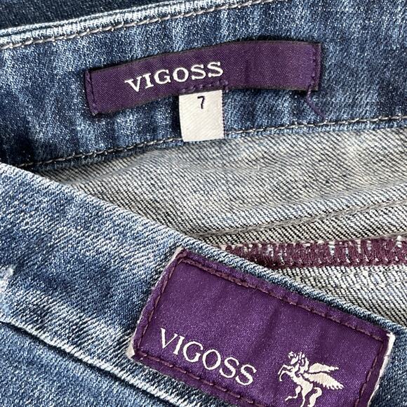 Vigoss Jeans Juniors 7 Flare Blue Stretch Denim Button Back Wide Cuff Distressed - Picture 9 of 10